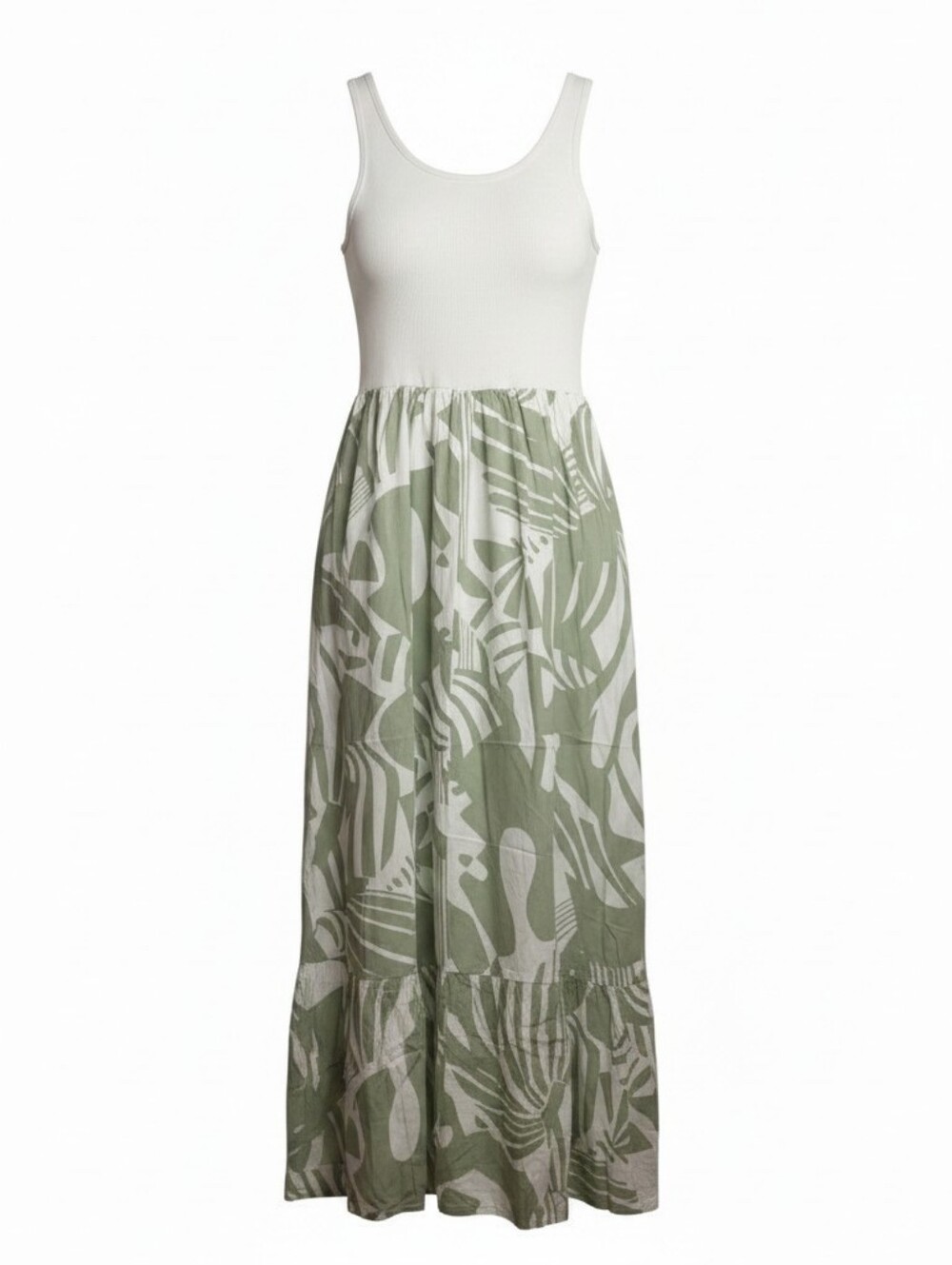 NwT/Nwot Sage Green Leaf-Print Sleeveless Maxi Dress Breezy Tiered Design - Picture 4 of 7